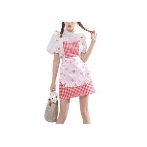 Cute Tartan Apron For Women Cooking Adjustable Kawaii Cosplay Maid Red Lattice